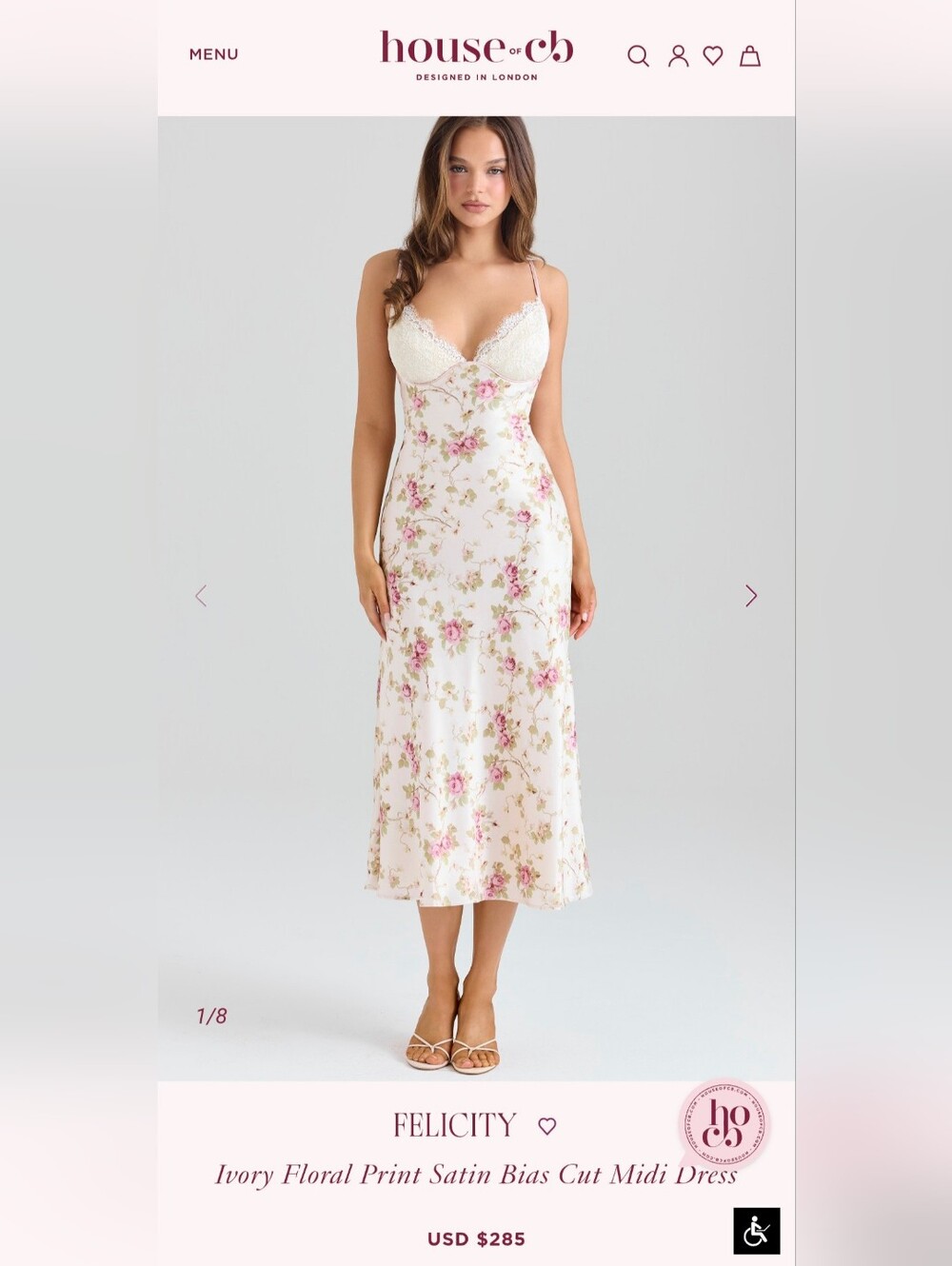 House of CB Felicity [Size XS] Floral Ivory Satin Lace Midi Coquette Dress - Picture 3 of 15